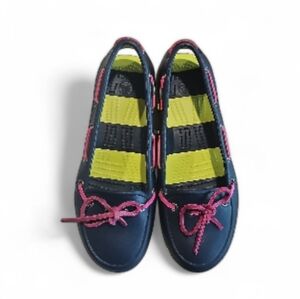 Crocs Beach Line Slip-On Boat Shoes Sz 6 Navy/Citrus Pink Laces Nautical Comfort